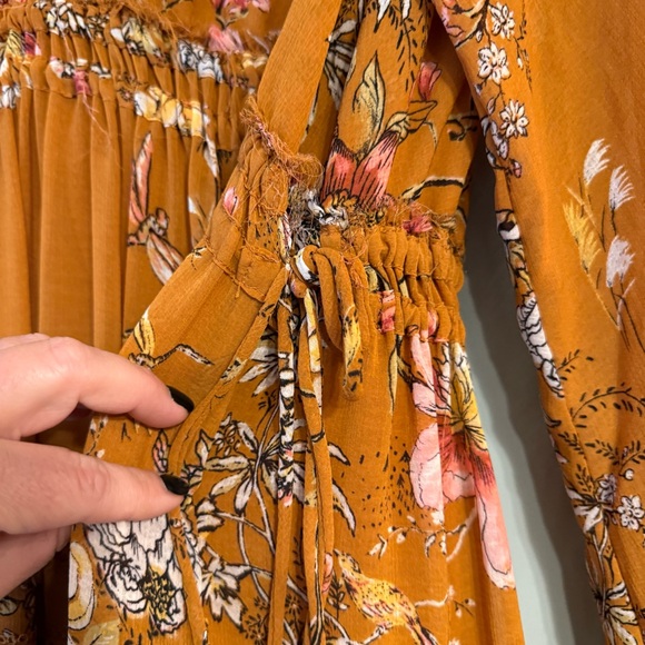 Free People Cherry Blossom Mini Dress Floral Bohemian Topaz color Mustard size L - Picture 3 of 13